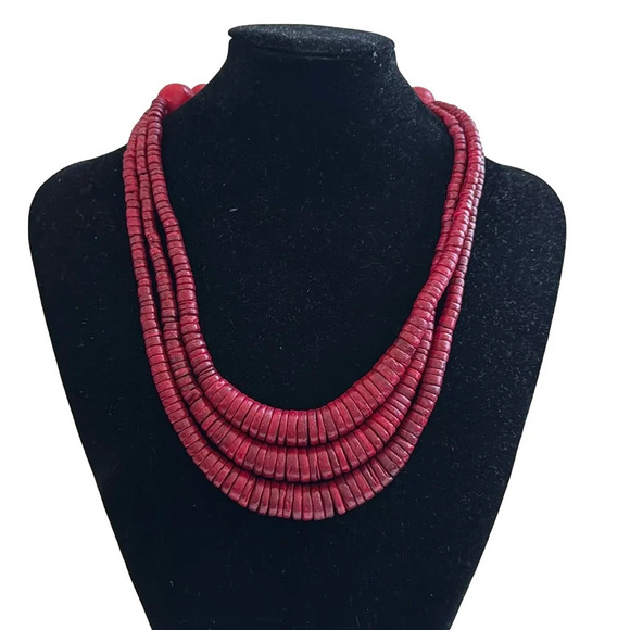 Decouture 3 strand  red wooden bead necklace - Picture 1 of 6
